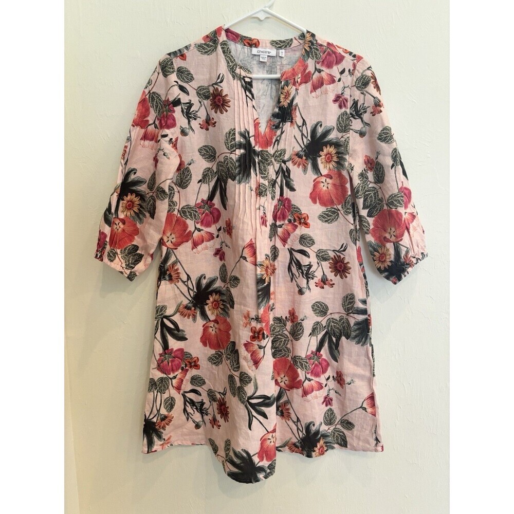 Chicos Pintuck 100% Linen Shift Dress Sz XS Pink Floral Feminine Autumn Wedding - Picture 2 of 9